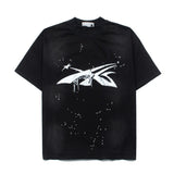 Hip-hop t-shirts: american high street hip-hop retro flame starry sky summer washed distressed trendy casual short-sleeve tee