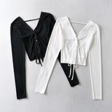 Women Sweater Knitwear Backless T-shirt Women's Summer V-neck Double-Breasted Short Midriff Outfit Bottoming Shirt