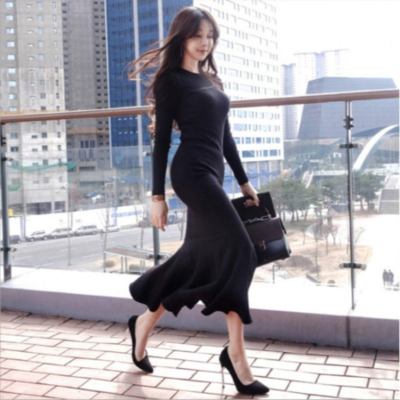 Women Dresses Crew Neck Dress Sexy Hip Skirt