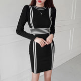 Women Maxi Dress Fall/Winter Slim Knitted Striped Sheath Dress Sweater
