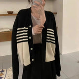 Women Knitwear Autumn and Winter Striped V-neck Sweaters Cardigan