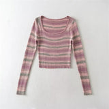 Women Sweater Knitwear Autumn Sexy Square Collar Striped Knitted T-shirt Long Sleeve Sweater