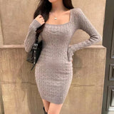Women Maxi Dress Spring and Autumn Square Collar Knitted Dress Hip Skirt