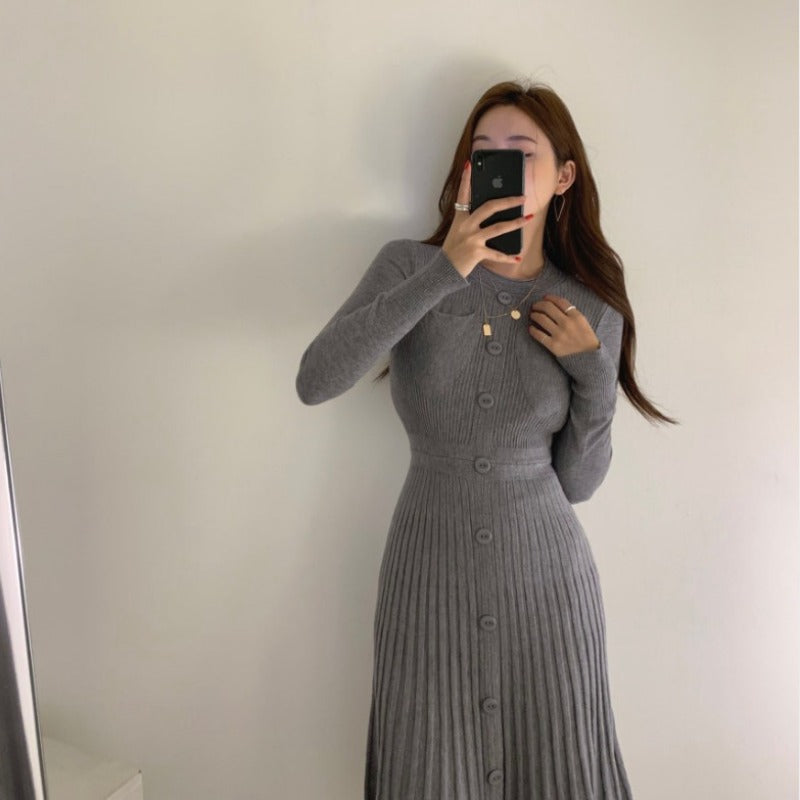 Women Maxi Dress Autumn and Winter Single-Breasted Mid-Length Pleated Knitted Long-Sleeved Dress