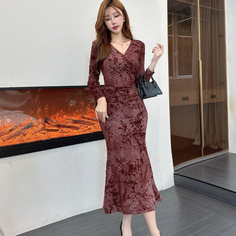 Women Maxi Dress Spring Long Sleeve Velvet Sheath Dress