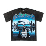 Hip-hop t-shirts: american high street retro washed & distressed skull print oversized short sleeve tee - trendy style