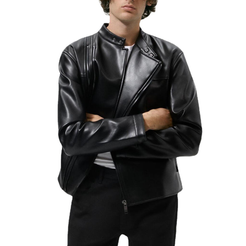 Men Motorcycle Jacket Autumn and Winter Imitation Leather Motorcycle Oblique Zipper Jacket Coat Leather Coat