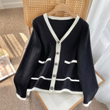 Women Sweater Knitwear Autumn and Winter Classic Style Contrast Color V-neck Knitted Cardigan Sweater Coat