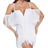 Women Evening Dress Sexy Tassel V-neck Strap Backless Bandage Evening Dress