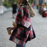 Women Trench Coat Casual Plush Women's Hooded Half Sleeve Loose Scottish Style Plaid Buckle-Free Coat