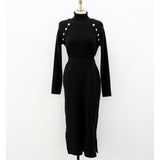 Women Maxi Dress Autumn Winter Retro Turtleneck Buttons Long Sleeve Knitted Dress