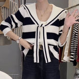 Women Knitwear Autumn and Winter Striped Sailor Collar Sweater Women's Knitted Cardigan