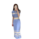 Women Maxi Dress Spring and Autumn Stripes Lapel Slim-Fit Short-Sleeved Knitted Long Dress