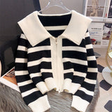 Women Knitwear Autumn and Winter Striped Doll Collar Double Zipper Sweaters Cardigan