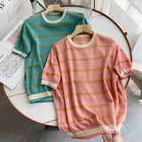 Women Sweater Knitwear Striped Loose Short Sleeve Knitted T-shirt Female Student O-neck Short Top