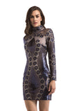 Women Evening Gown Long Sleeve Turtleneck Sequined Mini Short Dress