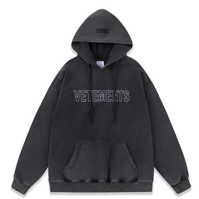 Vetements Hoodie Autumn and Winter Washed and Worn Hollow Embroidered Letters Loose Hooded Sweater