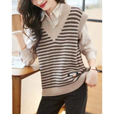 Women Knitted Pullover Autumn and Winter Knitting Female Striped V-neck Loose-Fitting Waistcoat