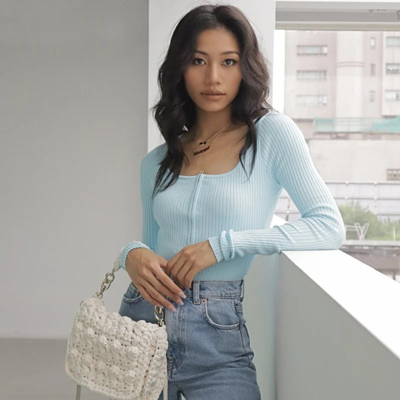 Women Sweater Knitwear Spring and Autumn Long Sleeve T-shirt Women's Sexy V-neck Zipper Knitted Jumpsuit
