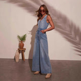 Women's pants: cross-border amazon us summer casual v-neck sleeveless denim jumpsuit overalls for women