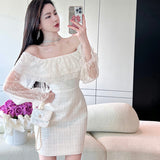 Women Maxi Dress Fall/Winter Classic Style off-the-Shoulder Lace Hip-Wrapped Dress Dress