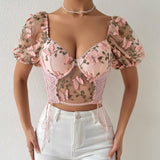 Women Party Tops Halter Perspective Butterfly Embroidered Suspender Mesh Vest