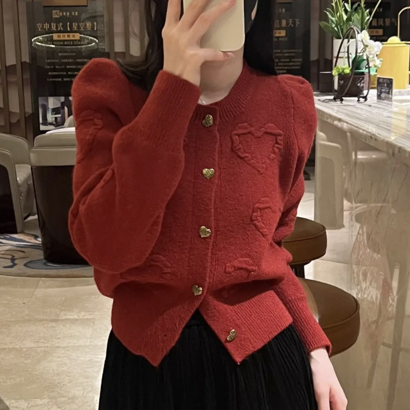 Women Knitwear Autumn and Winter round Neck Love Sweater Loose Knitted Cardigan