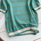 Women Sweater Knitwear Striped Loose Short Sleeve Knitted T-shirt Female Student O-neck Short Top