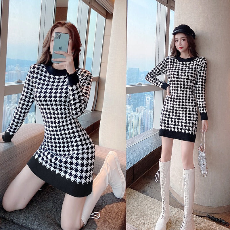 Women Maxi Dress Spring and Autumn Long Sleeve Sexy Houndstooth Dress