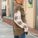 Women Trench Coat Autumn and Winter Leisure Long Sleeve Lapel Color-Contrast Check Single-Breasted Knitted Jacket