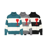 Ami striped color block heart jacquard versatile wool knit sweater long sleeve top turtleneck autumn winter warm