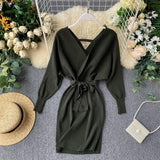 Women Maxi Dress Autumn Winter Sexy Long Sleeve V-neck Knitted Sheath Dress