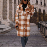 Women Trench Coat Autumn Lapel Long Sleeve Loose Plaid Single Breasted Long Plush Casual Coat