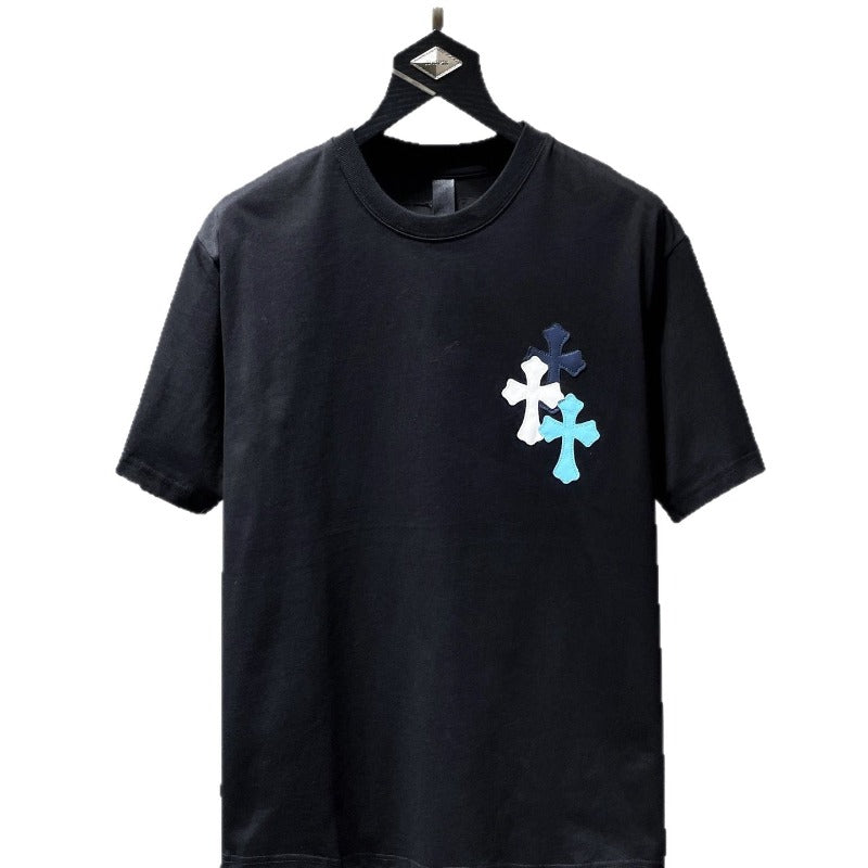 Ch hip-hop t shirts american ch heavy industry colorful leather cross contrast color short-sleeved trendyloosecasual high street