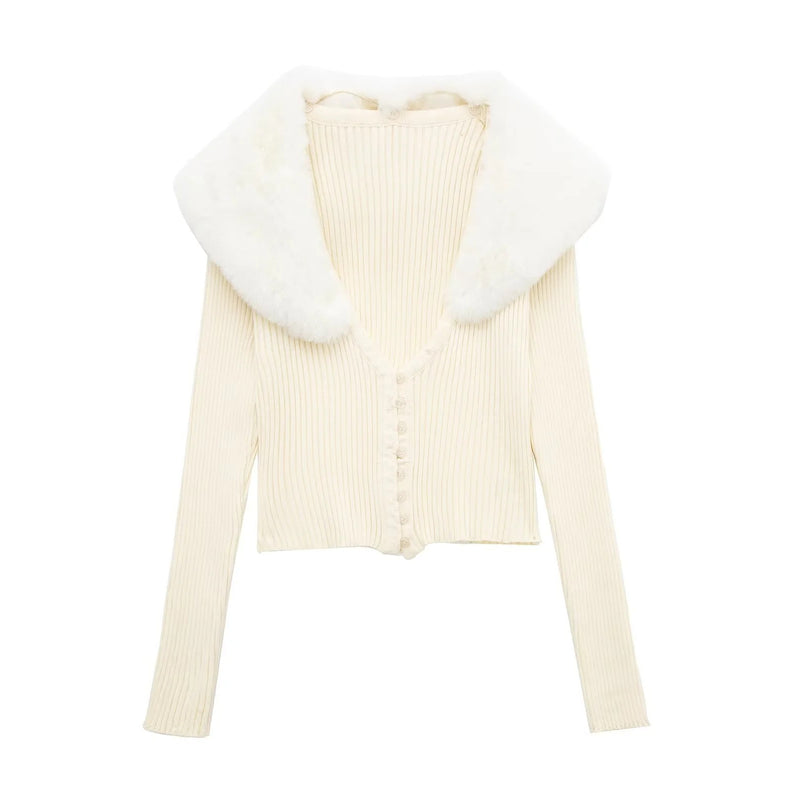 Women Sweater Knitwear Spring Style Long Sleeve Sexy Fur Collar Knitted Coat