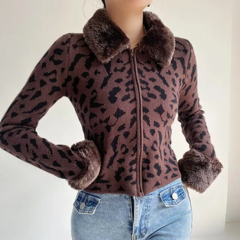 Women Sweater Knitwear Fall and Winter Lapels Slim-Fit Zipper BF Coat Leopard Print Knitted Cardigan