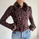 Women Sweater Knitwear Fall and Winter Lapels Slim-Fit Zipper BF Coat Leopard Print Knitted Cardigan