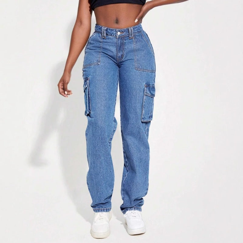Women's pants: cross-border e-commerce american retro mid-rise multi-pocket cargo jeans, women's casual straight-leg trousers