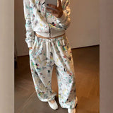Ashley sweatpants, all-over graffiti print, elastic waistband, straight leg, vintage casual athletic pants, women's autumn and winter sweatpants, american style