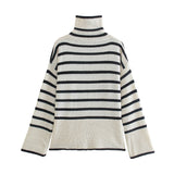 Women Sweater Knitwear Autumn Loose Black and White Striped Top Turtleneck Base Knitwear Sweater