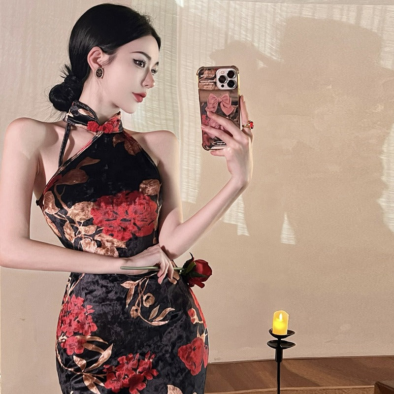 Women Maxi Dress Spring and Autumn Vintage Velvet Printed Cheongsam