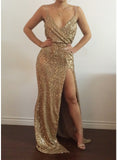 Women's Evening Gown Sexy V-neck Split Sleeveless Gold Sequins Glitter Dress Long Dress