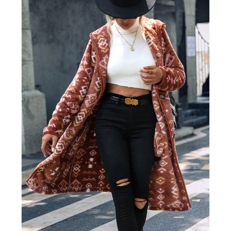 Women Trench Coat Hooded Long Sleeve Geometric Printed Single-Breasted Extended Regular Plush Jacket