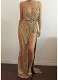 Women's Evening Gown Sexy V-neck Split Sleeveless Gold Sequins Glitter Dress Long Dress