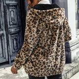 Women Trench Coat Autumn Hooded Long Sleeve Leopard Print Mid-Length Double-Sided Velvet Loose Casual Jacket