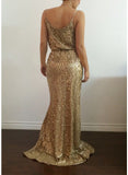 Women's Evening Gown Sexy V-neck Split Sleeveless Gold Sequins Glitter Dress Long Dress