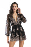Women's Evening Gown V-neck Mesh Long Sleeve Sequined Jumpsuit
