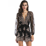 Women's Evening Gown V-neck Mesh Long Sleeve Sequined Jumpsuit