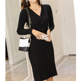 Women Maxi Dress Autumn and Winter V-neck Knitted Dress