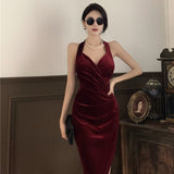 Women Maxi Dress Autumn Winter Retro Velvet Backless Dress